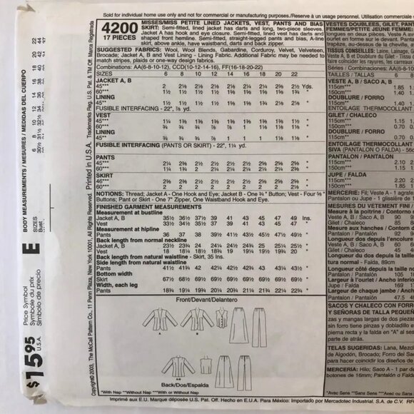 McCalls Sewing Pattern 4200 Misses Lined Jackets Pants Straight Skirt 6-12 - Picture 2 of 2